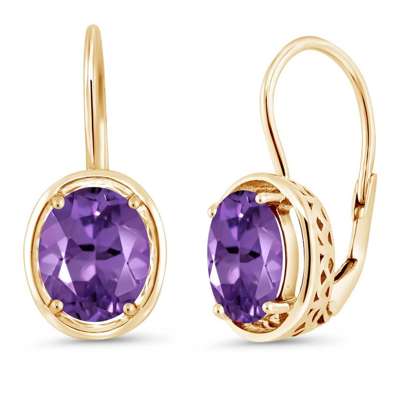 Gem Stone King 18K Yellow Gold Plated Silver Purple Amethyst Earrings | 3.32 Cttw | Oval Dangle Earrings For Women | Gemstone Birthstone | Oval 9X7MM - Image 1